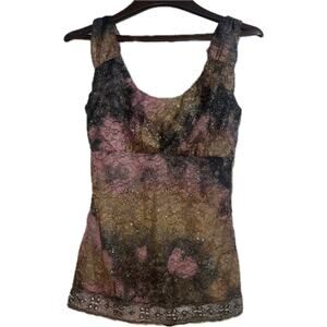 Brown Pink Sparkly Floral 90’s Rom Com Y2K Fairycore Lace Tank Top Boho Small